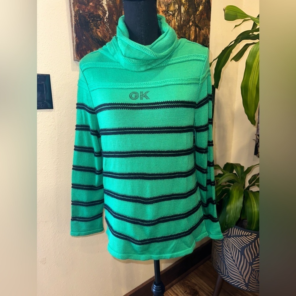 EUC GKITALIYA GREEN AND BLUE STRIPE SWEATER WITH FRON RHINESTONE LOGO SZ M